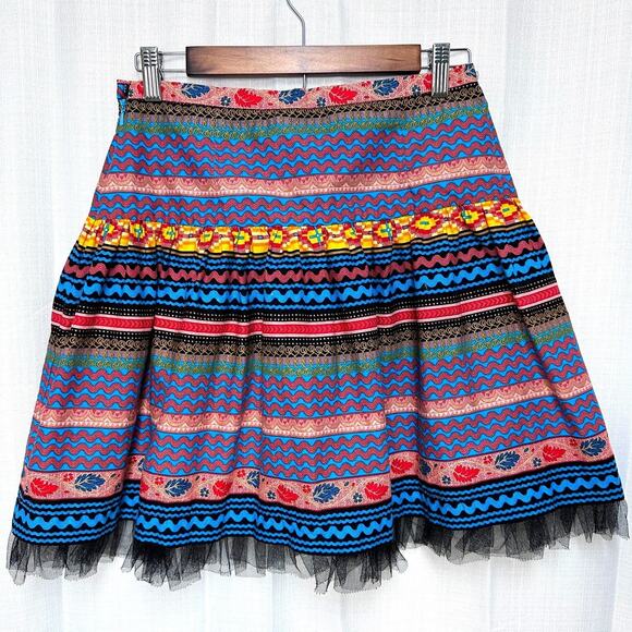 Roja Colorful Mini Circle Skirt Tulle Trim Colorful Southwest Print Sz: M - Picture 3 of 9